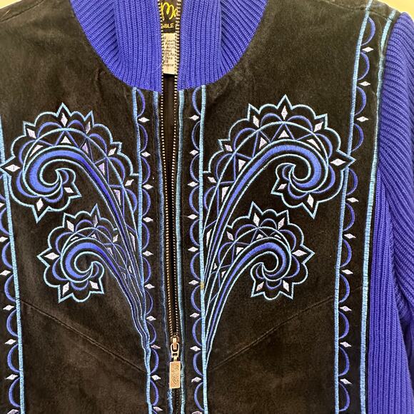 Bob Mackie Wearable Art Embroidered Leather Jacket Blue Black Boho Size S - Picture 9 of 10